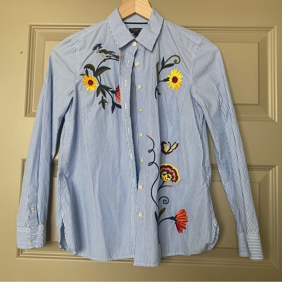 Talbots embroidered blue striped dress shirt, Size XS - Picture 1 of 9